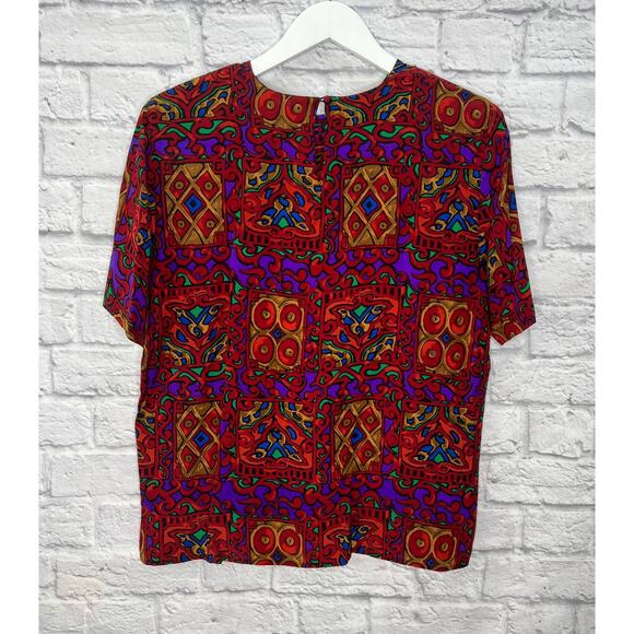 Vintage Christie & Jill Short Sleeve Silk Blouse Red Loud Print 90s Keyhole M - Picture 4 of 7